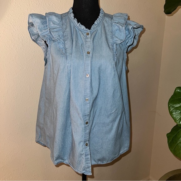 LC Lauren Conrad Women’s 100% Cotton Denim Sleeveless Ruffle Blouse Size: Large - Picture 12 of 12